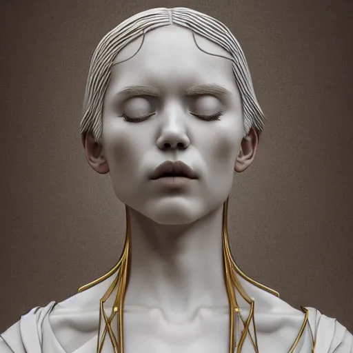 Image similar to a statue made of white marble with gold veins, of an beautiful angel girl, perfect symmetrical body, perfect symmetrical face, no eyes, hyper realistic, hyper detailed, fujicolor superia 1 6 0 0 photo, full body shot, by peter kemp, by monia merlo octane render, blender, 8 k