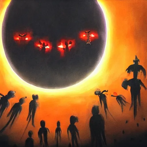 Prompt: shadowy humanoid figures ascending into glowing red portals in the sky. dark, gloomy, painting, horror, eerie, sci - fi