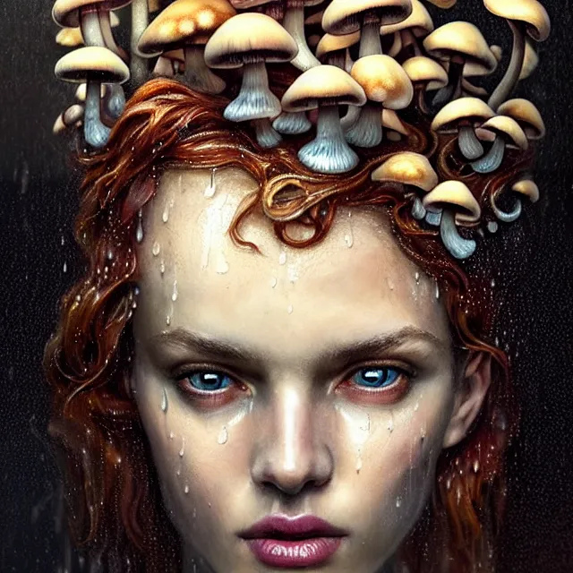 Image similar to bright portrait surrounded by mushrooms with rain on face and wet hair, diffuse overhead lighting, fantasy, intricate, elegant, dramatic lighting, highly detailed, lifelike, photorealistic, digital painting, artstation, illustration, concept art, smooth, sharp focus, art by John Collier and Albert Aublet and Krenz Cushart and Artem Demura and Alphonse Mucha