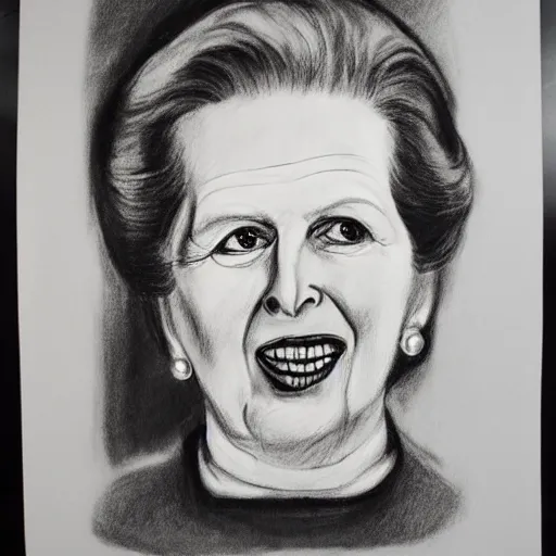 Prompt: Margaret Thatcher, charcoal, caricature