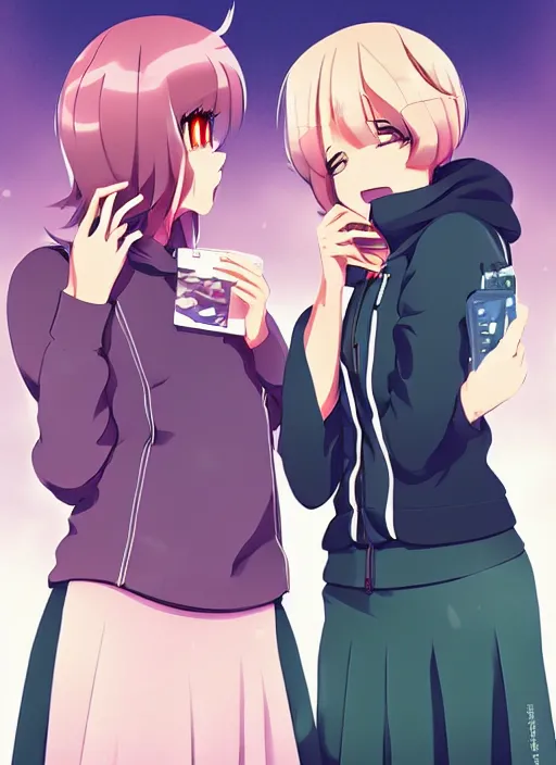 Image similar to two beautiful mothers talking on a street, fashionable street clothes, gorgeous faces, thick lines, cinematic lighting, detailed anime art