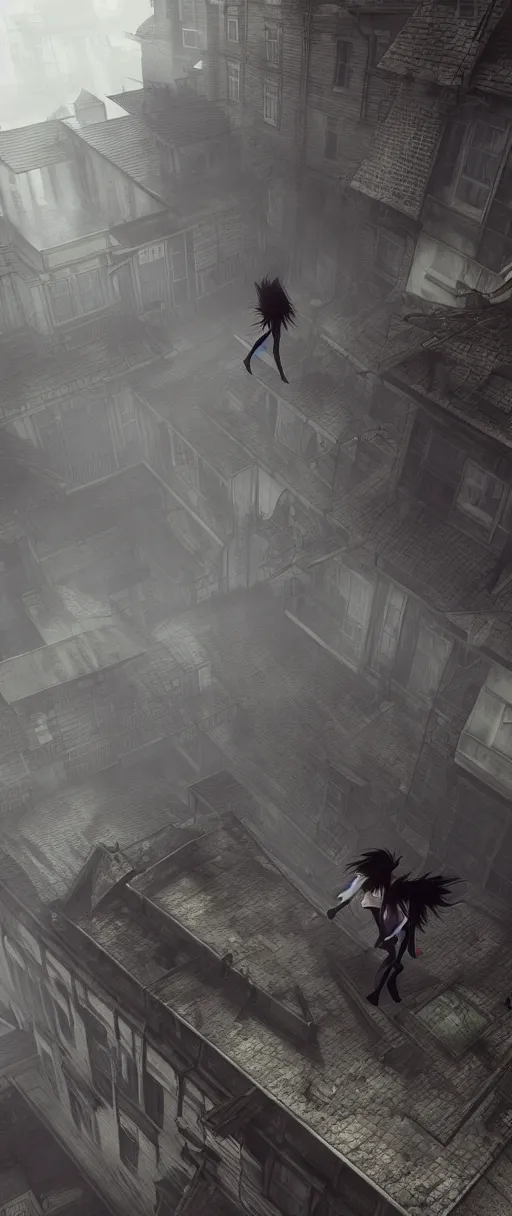 Image similar to lelouch lamperouge and asuka langley running on the roofs in dishonored town, dunwall city, redshift render, cinematic lighting, rainy weather, melancholy atmosphere, dunwall city, volumetric light, octane render, dishonored game, dishonored 1, gothic architecture, atmosphere of depression and despair