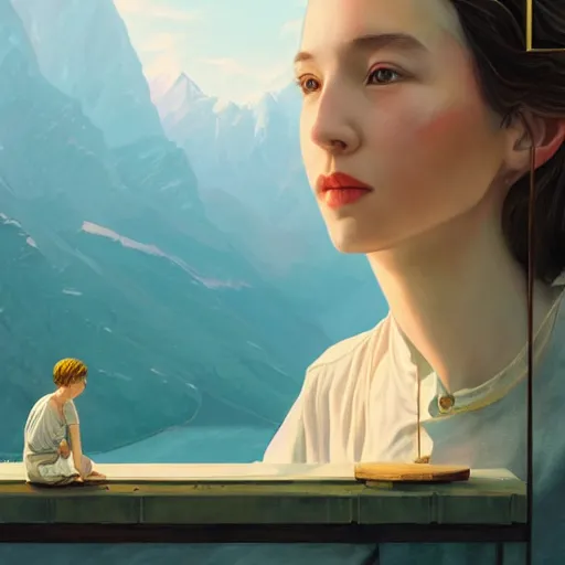 Image similar to a beautiful scenic painting by artgerm and wlop and wes anderson and spike jonze