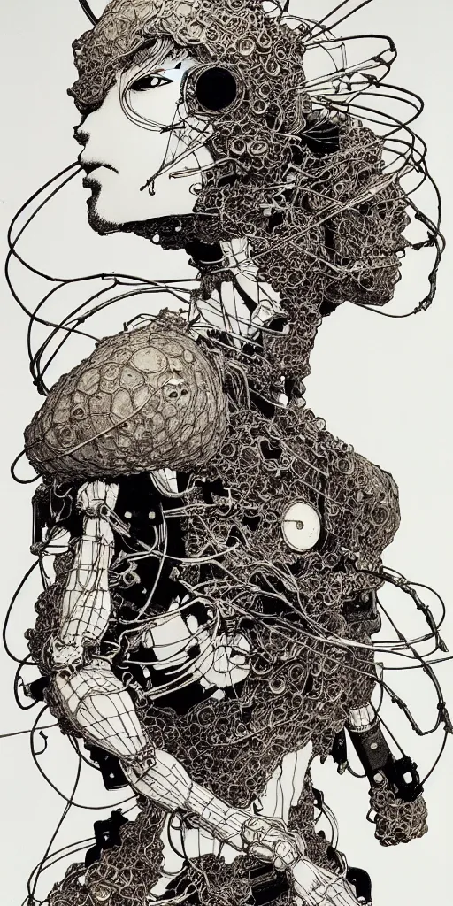 Image similar to prompt: Fragile looking figure, portrait face drawn by Takato Yamamoto and Katsuhiro Otomo, full body character drawing, inspired by Evangeleon and Akira 1988, cyborg and wire details parts, clean ink detailed line drawing, intricate detail, manga 1990, portrait centric composition