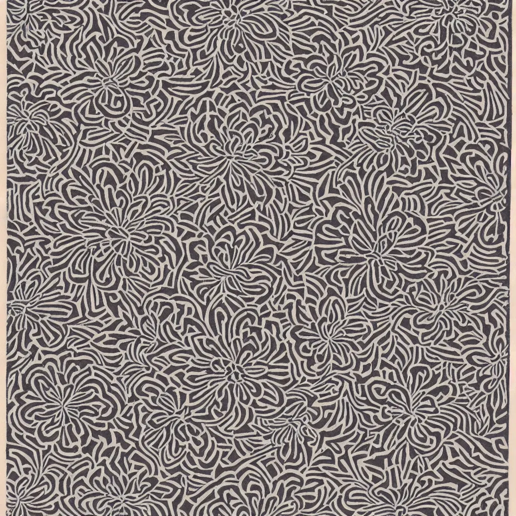 Image similar to optical illusion woodblock print, flowery field stamp pattern