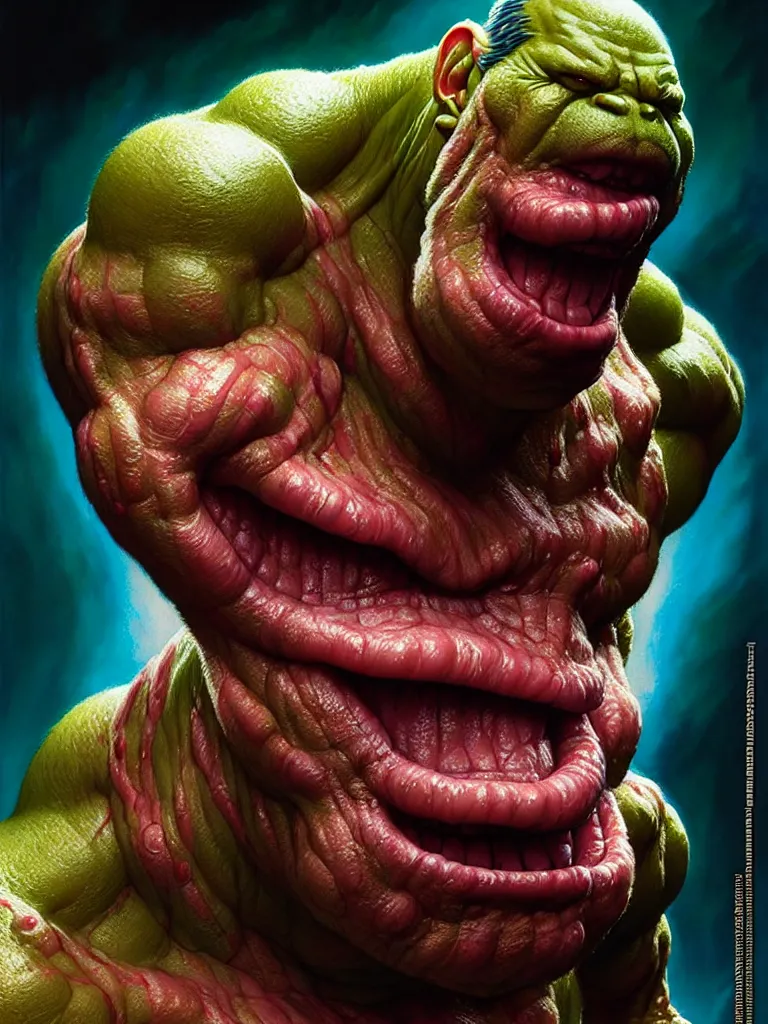 Prompt: hyperrealistic rendering, fat smooth cronenberg flesh monster hulk by donato giancola and greg rutkowski and wayne barlow and zdzisław beksinski, product photography, action figure, sofubi, studio lighting, colored gels, colored background