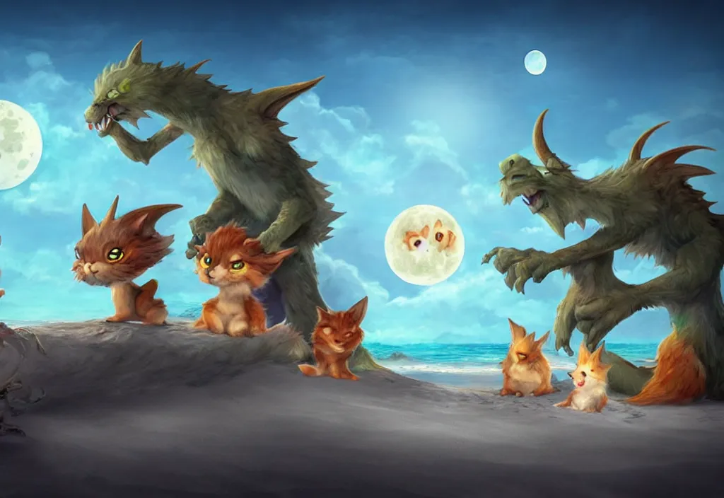 Image similar to cute fantasy critters at a beach looking at the moon, ultra realistic, concept art, highly detailed