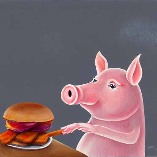 Image similar to a pig eating a rasher of bacon. detailed, realistic, digital painting,