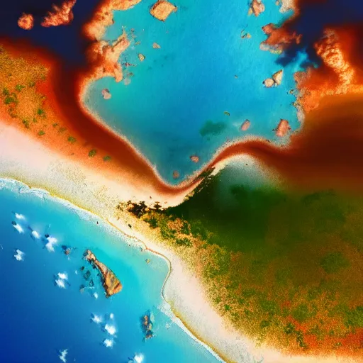 Image similar to A great vast ocean with islands peninsula archipelago, colorful, high quality, beautiful, high resolution, 8k, trending on Artstation, surreal