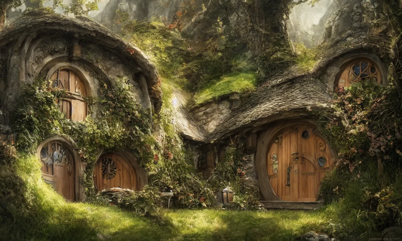 Image similar to The house of the Hobbit Bilbo Baggins, highly detailed, digital painting, artstation, concept art, smooth, sharp focus ilustration, Artstation HQ