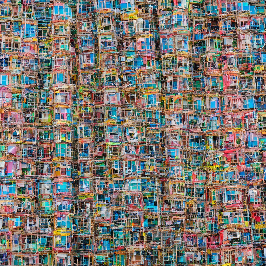 Image similar to intertwined high towers with colourful stacked makeshift squatters, uniform plain sky, mamiya, very sharp, very detailed, photographed by cristina de middel