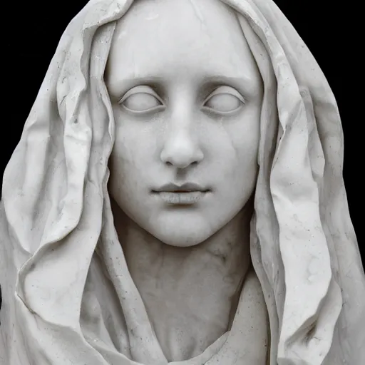 Image similar to a masterpiece marble sculpture of the veiled virgin, subsurface cracks, !dramatic !face, !female, covered in intricate !detailed !!streaked veil , physically based rendering, ultra photo realistic, cinematic lighting , dark background by Dan Hillier