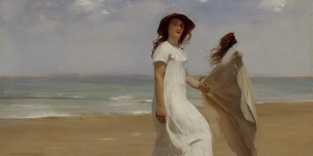 Image similar to A young Edwardian woman wearing a white dress standing on a sandy beach in Sweden, in the style of Anders Zorn