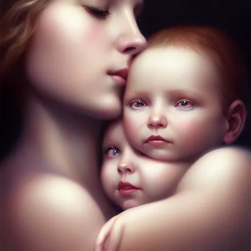 Image similar to pure love is patient love is kind, mother and child ; photorealistic oil painting by charlie bowater and mark brooks ; highly detailed cute faces by wlop ; trending on artstation ; 8 k high resolution, symmetrical, cinematic, high coherence, golden ratio, rule of thirds, perfectly centered anatomically accurate portraits