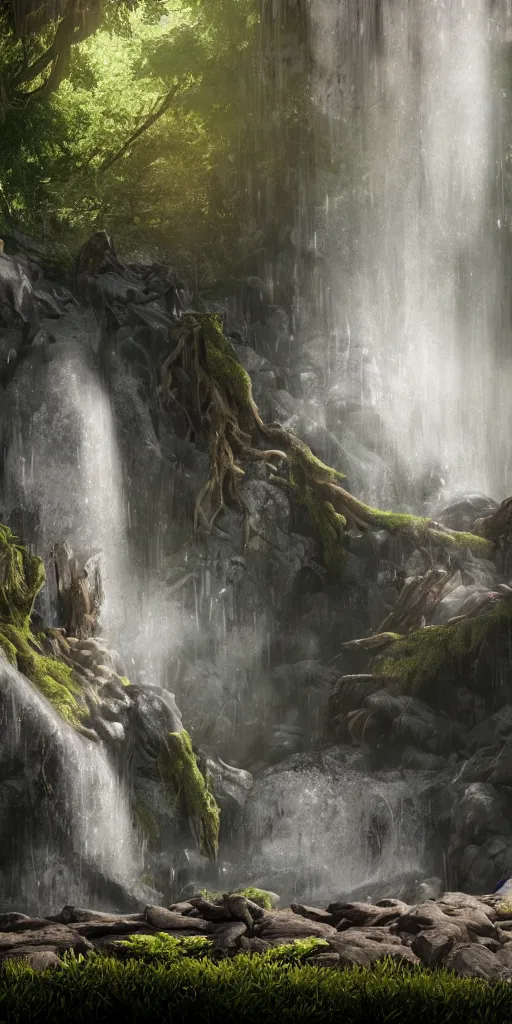 Image similar to photorealistic wide shot portrait of Groot, under waterfall, octane render, unreal engine 4k, volumetric light, fog, detailed