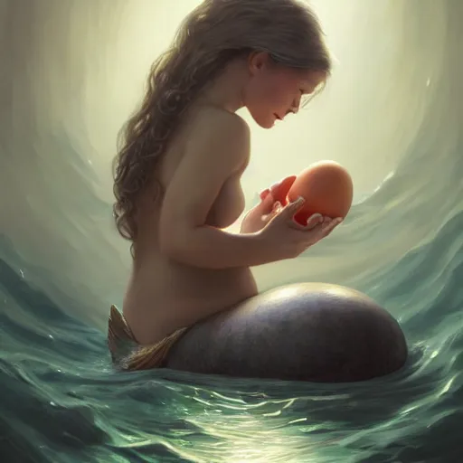 Image similar to a baby mermaid hatching out of an egg, ultrarealistic, dramatic lighting, high details, 4 k, 8 k, best, accurate, trending on artstation, artstation, photorealism, ultrarealistic, digital painting, style of peter mohrbacher, caravaggio, boris vallejo