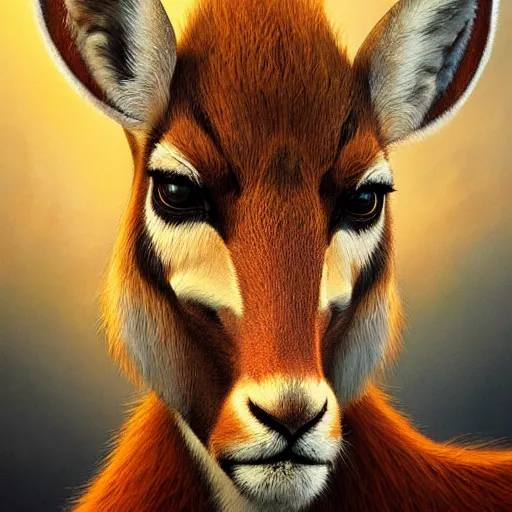 Prompt: a dramatic head portrait of a antelope in tiger skin, cinematic lighting, symmetric face by karol bak, christopher balaskas