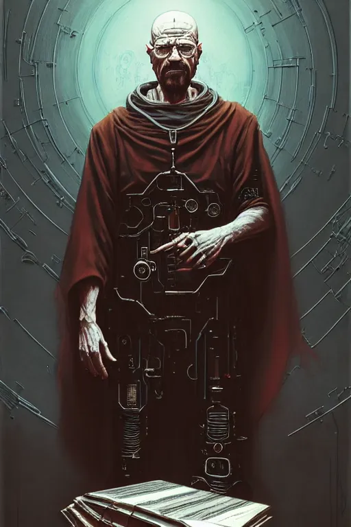 Image similar to painting of walter white as a cloaked tech priest holding a book, adeptus mechanicus!, cybernetic enhancements attached to his body, praise the omnissaiah, zdzislaw beksinski, lewis jones, mattias adolfsson, warhammer 4 0 k!!, cold hue's, warm tone gradient background, concept art, digital painting