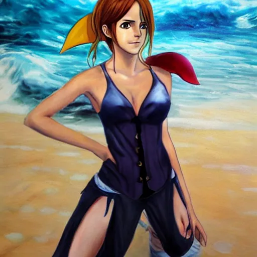 Image similar to beautiful emma watson cosplay as nami from one piece, oil painting, full body.