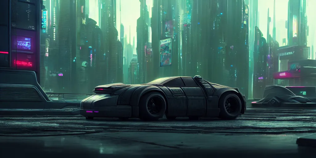 Prompt: a highly detailed matte painting of cyberpunk car, featured on Artstation