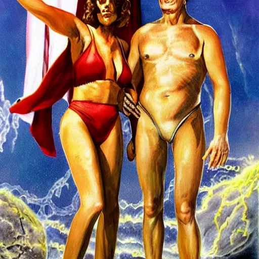 Image similar to science fiction boris vallejo portrait of joe biden wearing monokini in the movie zardoz