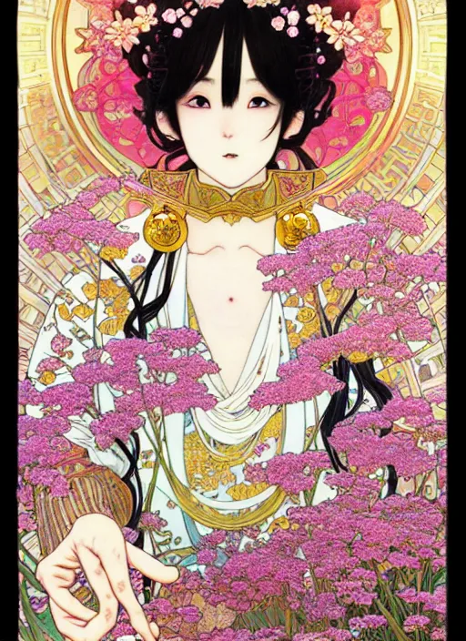 Image similar to exquisite imaginative manga poster art of keqing, genshin impact, flowers, pearlescent, shimmering, reflective, rim light, detailed background, by kojima ayami, akihiko yoshida, minaba hideo, alphonse mucha, art nouveau, illustration, artstation, concept art, highly detailed, colorful, maximalist