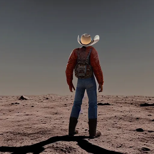 Image similar to cowboy standing on the moon, planet earth background, photorealistic, octane render, blender render, unreal engine, 3 5 mm