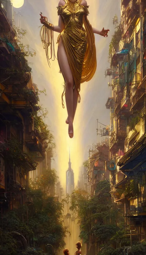 Image similar to golden goddess looking at a hyper realistic cyberpunk city, crowded market street overtaken by lush plants, kittens, full moon, light rays, gnarly trees by tom bagshaw, mucha, gaston bussiere, craig mullins, j. c. leyendecker 8 k