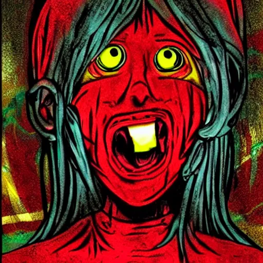 Image similar to horrifying creepypasta image, high contrast, saturated colors, creepy eyes and smile