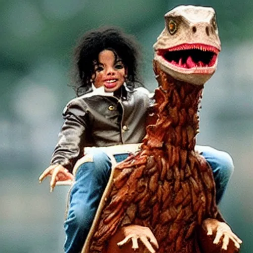 Prompt: michael jackson riding a velociraptor
