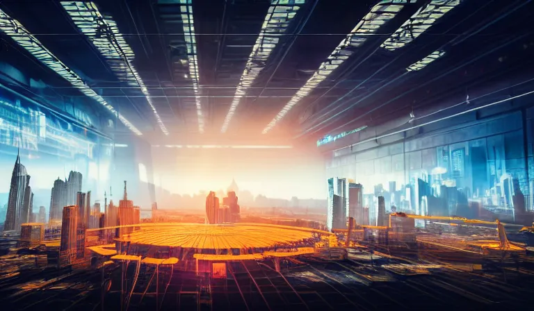 Image similar to crowd of people in simple warehouse, looking at hologram of futuristic city on a table, cinematic concept art, godrays, golden hour, natural sunlight, 4 k, clear details, tabletop model buildings, center model buildings, hologram center, crane shot, crane shot, crane shot