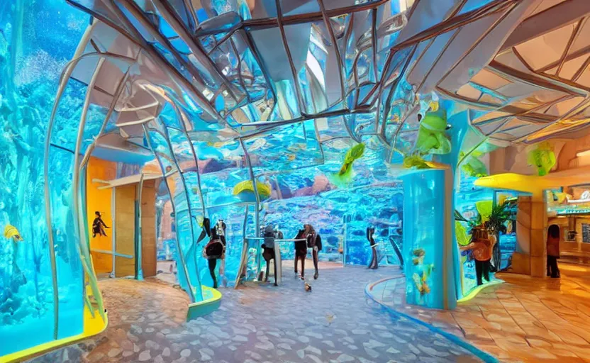 Image similar to inside a fastfood fish restaurant, fluorescent light, bright, atlantis theme, an aquarium at the wall, at the end is a giant door with stairs in front of it