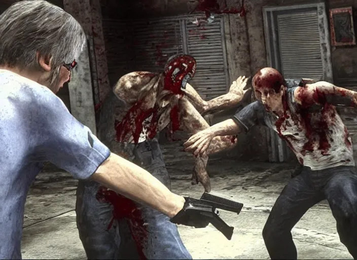 Image similar to video game still of larry david as leon fighting off a zombie in the video game resident evil 2,