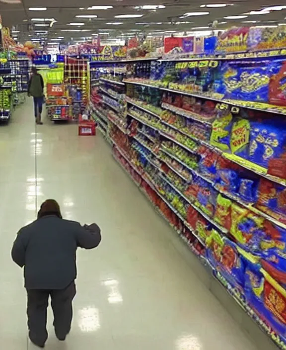 Prompt: cctv capture of bigfoot in a walmart looking for bananas