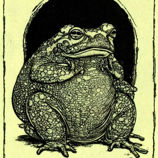 Prompt: toad philosopher toad in a pose The Thinker, swamp, illustrations by irish fairy tales james stephens arthur rackham, fairy tale illustrations,