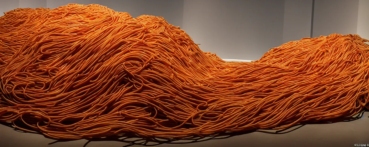 Image similar to famous sculpture made of spaghetti in ny museum of modern art, in the style of jeff koons, kodachrome film,, retro