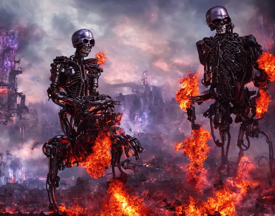 Image similar to terminator purple flaming skull, destroyed town on background, fantasy artwork, very beautiful scenery, hd, hdr, ue 5, ue 6, unreal engine 5, cinematic 4 k wallpaper, 8 k, ultra detailed, by popular digital, details, beautiful image ever created, high resolution, artstation, award winning, detailed body, details face, realistic body proportions