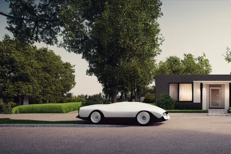 Image similar to a house in the 1950's future house, retrofuturim, lawn, trees, white picket fence, futuristic car parked on the driveway, realistc octane render, depth of field, soft lighting, 8k
