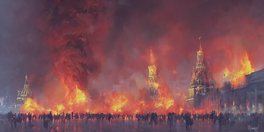 Prompt: Painting by Greg Rutkowski, Fire and explosions on Red Square and the Kremlin -H 800