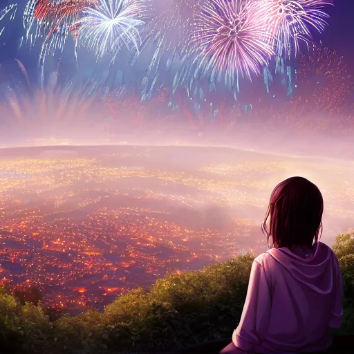 Image similar to girl watching watching fireworks on a hill, digital art, by ben weiner, richard estes, range murata, akiyuki shinbou, yoshitaka amano, wlop, highly detailed, realistic, cinematic, bold colours, dark sky, photorealism, 4 k, wide angle lens, trending on artstation, artgerm