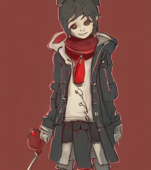 Image similar to attractive little boy character inspired in little red riding hood and kris from deltarune, digital artwork made by akihiko yoshida and makoto shinkai, anatomically correct, symmetrical