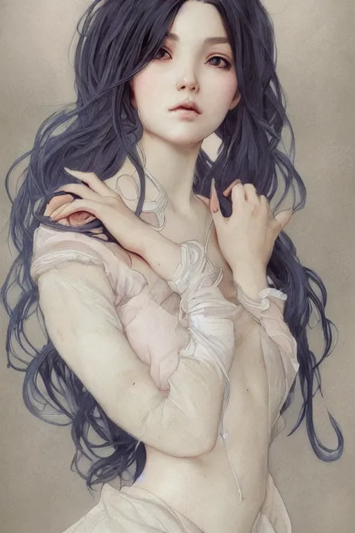 Image similar to full body emotional beauty portrait in the style of artgerm, wlop, greg rutkowski, alphonse mucha and ayami kojima, realistic details, volumetric lighting, very very very very beautiful face, seductive look, trending on artstation, artstationhd, artstationhq, unreal engine, 4 k, 8 k