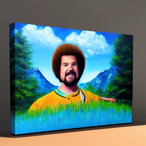 Image similar to a closeup photorealistic photograph of bob ross themed kenny powers baseball, painting on a canvas. mountains and trees. film still. brightly lit scene. this 4 k hd image is trending on artstation, featured on behance, well - rendered, extra crisp, features intricate detail, epic composition and the style of unreal engine.