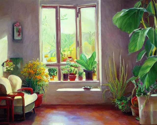 Image similar to A warm painting of a room interior, calm, relaxing, cosy, warm light, warm color scheme, houseplants, fresh flowers, oil on canvas