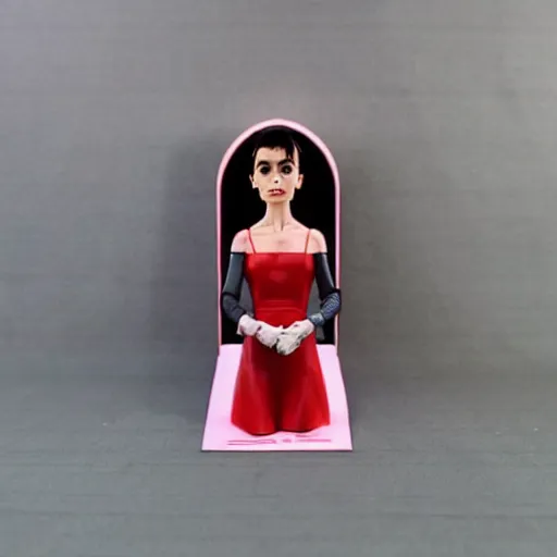 Prompt: audrey hepburn cos play ernst blofeld, stop motion vinyl action figure, plastic, toy, butcher billy style