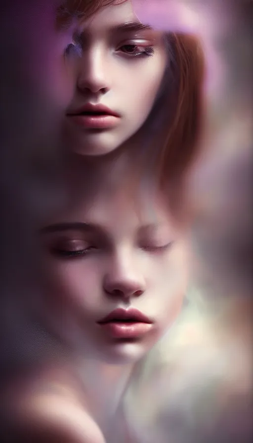 Prompt: inside a soul of a gorgeous young girl , searching for eternity, dark forest in the style of stefan kostic, realistic, sharp focus, 8k high definition, high fashion, vogue, insanely detailed, soft light, colorful smoke, intricate, elegant, art by stanley lau and artgerm, sigma 85mm art