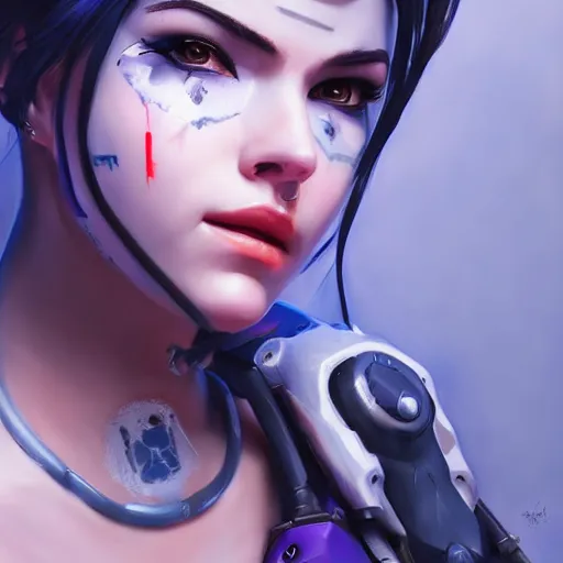 Image similar to detailed portrait of overwatch widowmaker intricate, hyper detailed, realistic, oil painting, cinematic lighting