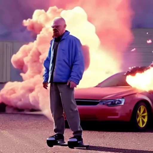 Image similar to photo of walter white on a hoverboard with an exploding car behind him, color, cinematic lighting