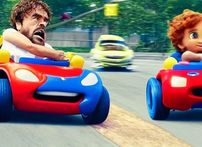 Prompt: peter dinklage racing vin diesel driving a little tikes cozy coupe cars, movie still, from the new fast and furious movie, 8 k, realistic