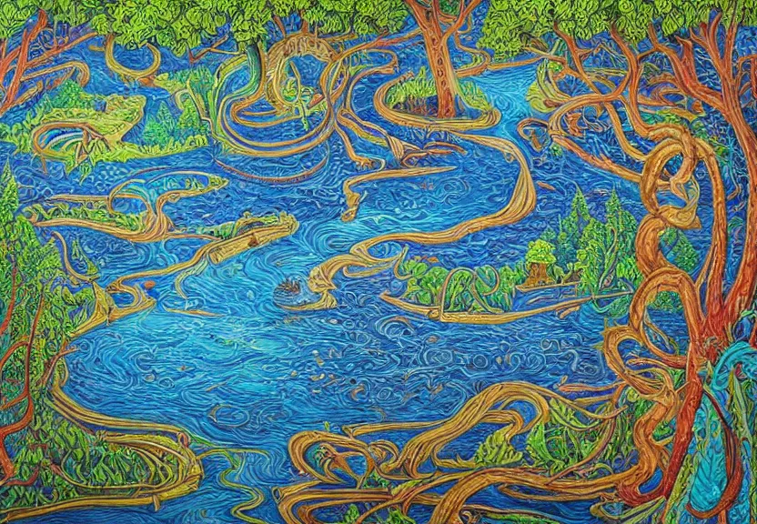 Image similar to An intricate, extremely detailed painting in a style of Alex Grey featuring a river in Europe, surrounded by trees and fields. A dinghy is slowly moving through the water. Sun is shining.